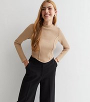 New Look Camel Ribbed Fine Knit Corset Seam Top
